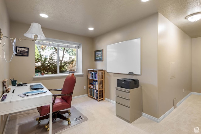 1111 E Bench View Dr, Ogden, UT 84404 - office featuring a textured ceiling, light colored carpet, recessed lighting, and baseboards