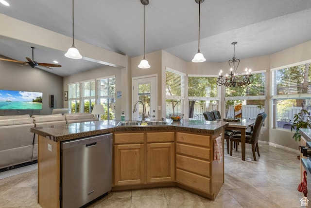 1111 E Bench View Dr, Ogden, UT 84404 - kitchen featuring stainless steel dishwasher, a sink, tile counters, pendant lighting, and ceiling fan