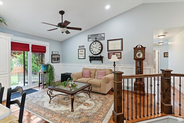 3272 N 175 W, North Ogden, UT 84414 - living area featuring wood finished floors, a ceiling fan, wainscoting, a decorative wall, and recessed lighting