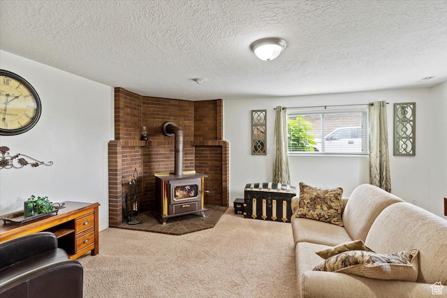 3272 N 175 W, North Ogden, UT 84414 - living room with carpet, a wood stove, and a textured ceiling
