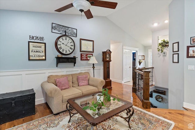 3272 N 175 W, North Ogden, UT 84414 - living area with vaulted ceiling, a ceiling fan, wood finished floors, and wainscoting