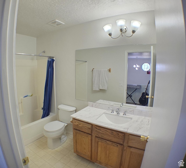 506 E 670 N, Tooele, UT 84074 - bathroom with toilet, vanity, shower / bath combination with curtain, a textured ceiling, and tile patterned floors