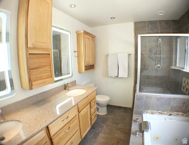 506 E 670 N, Tooele, UT 84074 - bathroom with double vanity, a jetted tub, a tile shower, toilet, and recessed lighting