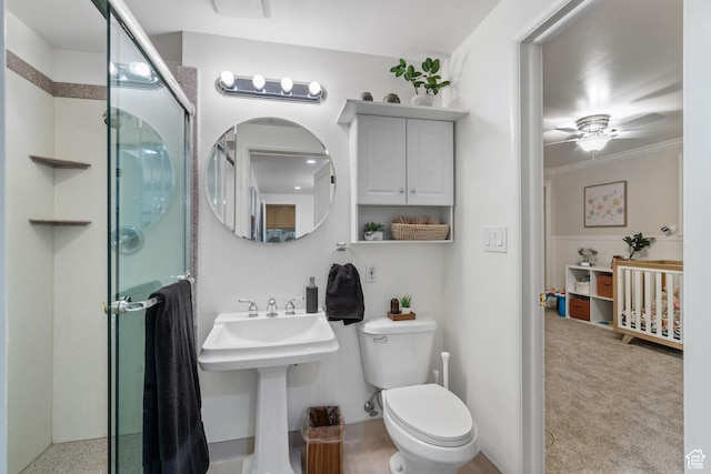 2201 E Gregson Ave, Salt Lake City, UT 84109 - full bath featuring toilet, a stall shower, crown molding, a ceiling fan, and a sink