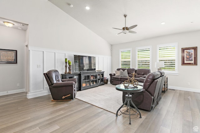 88 N Parkside Loop W, Elk Ridge, UT 84651 - living area featuring ceiling fan, light wood-style flooring, recessed lighting, high vaulted ceiling, and a decorative wall