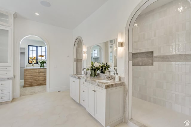 423 S 150 E, Mapleton, UT 84664 - bathroom featuring double vanity, recessed lighting, and a walk in shower