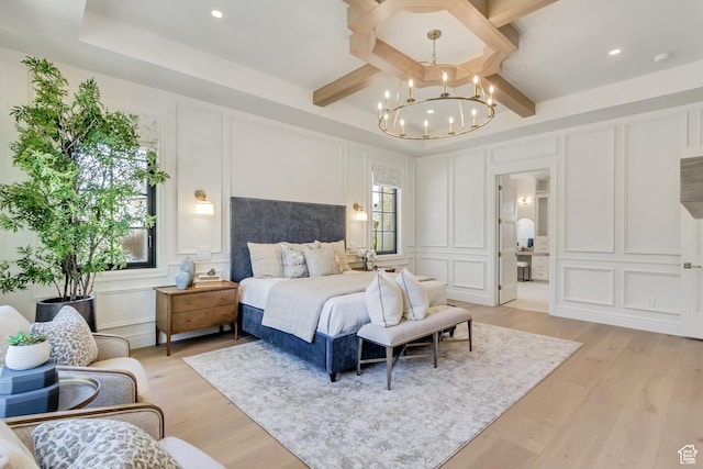 423 S 150 E, Mapleton, UT 84664 - bedroom with a decorative wall, a chandelier, light wood finished floors, recessed lighting, and beam ceiling