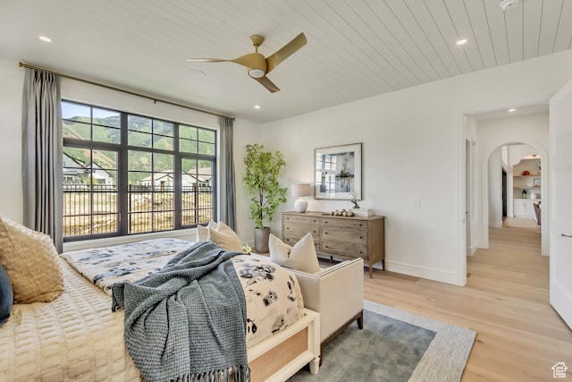 423 S 150 E, Mapleton, UT 84664 - bedroom with arched walkways, light wood finished floors, recessed lighting, wooden ceiling, and ceiling fan