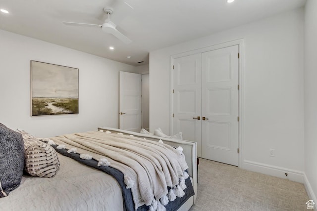 423 S 150 E, Mapleton, UT 84664 - bedroom with recessed lighting, light colored carpet, ceiling fan, and a closet