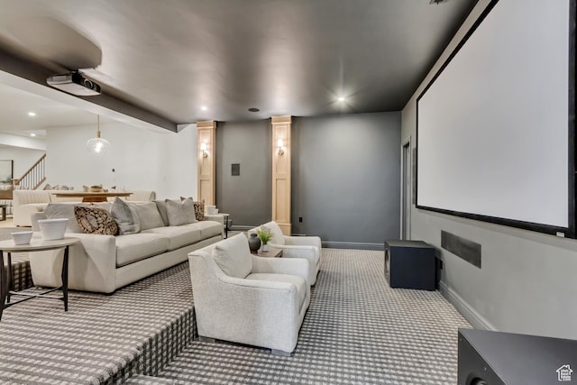 423 S 150 E, Mapleton, UT 84664 - home theater room featuring carpet floors, ornate columns, and recessed lighting