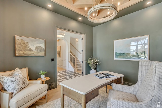 423 S 150 E, Mapleton, UT 84664 - home office with a chandelier, recessed lighting, a high ceiling, and arched walkways