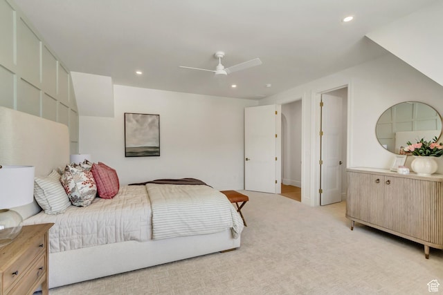 423 S 150 E, Mapleton, UT 84664 - bedroom with light carpet, recessed lighting, and a ceiling fan
