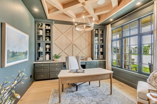423 S 150 E, Mapleton, UT 84664 - office space featuring light wood finished floors, coffered ceiling, a chandelier, and beam ceiling