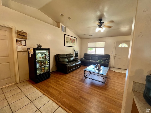 766 Huntridge Dr, Moab, UT 84532 - living room with vaulted ceiling, ceiling fan, and light wood-style floors