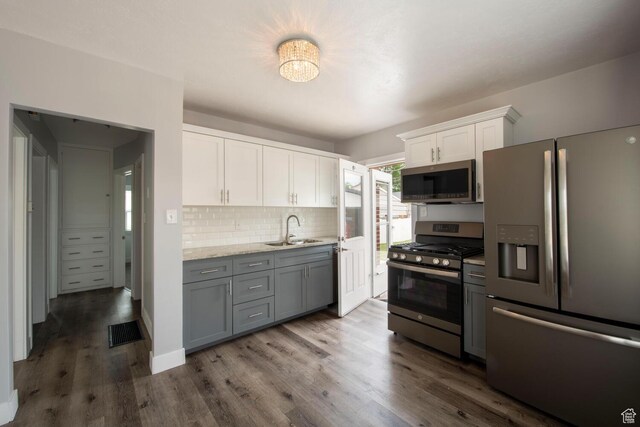 1779 E Ramona Ave S, Salt Lake City, UT 84108 - kitchen with stainless steel appliances, a sink, white cabinetry, tasteful backsplash, and dark wood finished floors