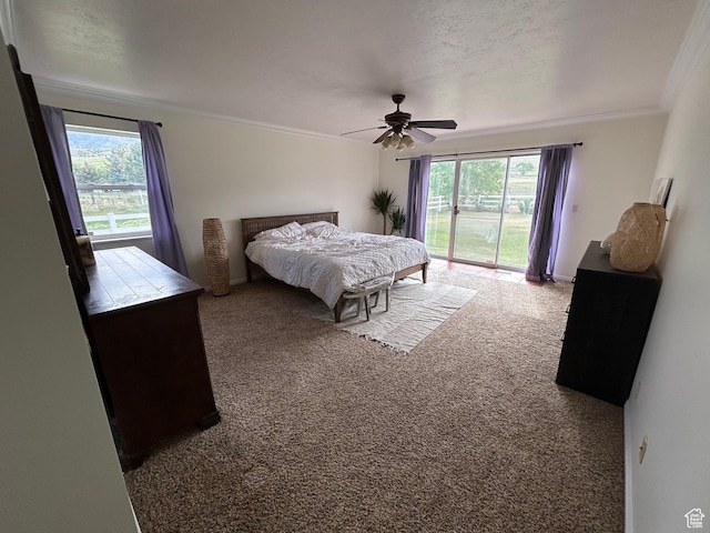 4306 Elk Ln, Erda, UT 84074 - carpeted bedroom with access to outside, ornamental molding, and a ceiling fan