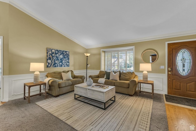 2268 E 10140 S, Sandy, UT 84092 - living room with wainscoting, lofted ceiling, crown molding, wood finished floors, and a decorative wall