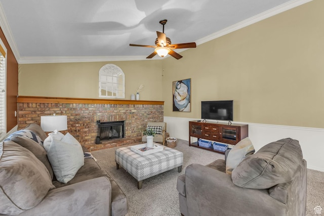 2268 E 10140 S, Sandy, UT 84092 - living room with carpet floors, ornamental molding, ceiling fan, and a brick fireplace