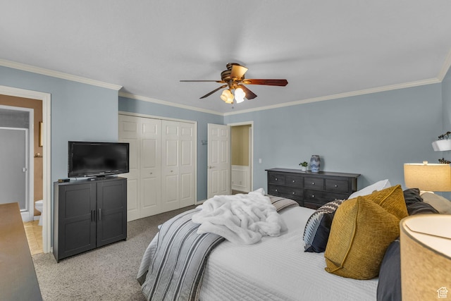 2268 E 10140 S, Sandy, UT 84092 - bedroom featuring a closet, ornamental molding, light colored carpet, a ceiling fan, and connected bathroom