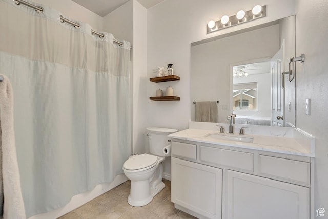 7284 S Brittany Park Ave, West Jordan, UT 84084 - bathroom with tile patterned flooring, vanity, toilet, a ceiling fan, and a shower with shower curtain