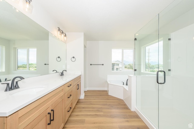 166 N Husker Ln, Saratoga Springs, UT 84045 - bathroom featuring wood finished floors, a bath, double vanity, a shower stall, and baseboards