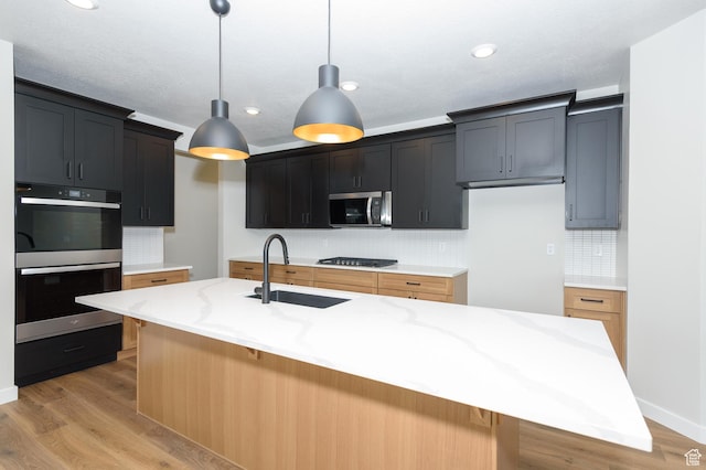 166 N Husker Ln, Saratoga Springs, UT 84045 - kitchen featuring stainless steel microwave, multiple ovens, backsplash, and recessed lighting
