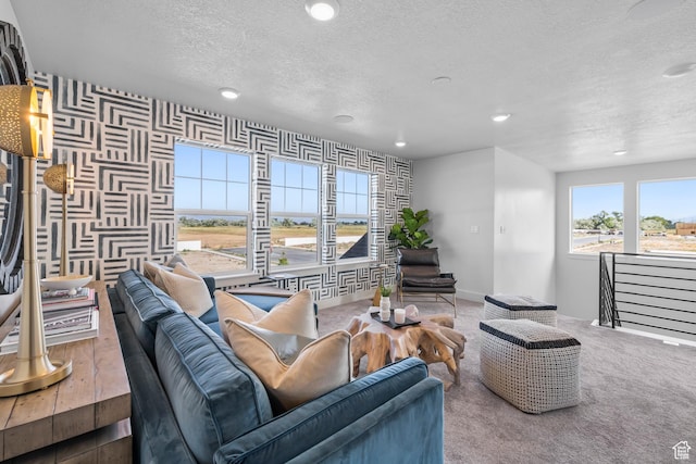 3164 N 3500 W, Plain City, UT 84404 - living room featuring a textured ceiling, recessed lighting, wallpapered walls, carpet, and baseboards