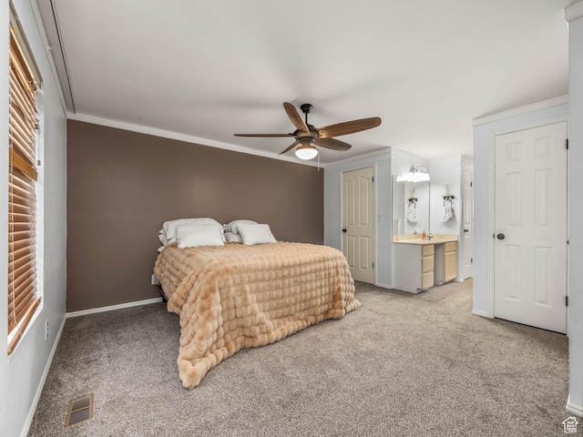 167 N 750 E, Orem, UT 84097 - bedroom featuring carpet flooring, baseboards, crown molding, ceiling fan, and connected bathroom