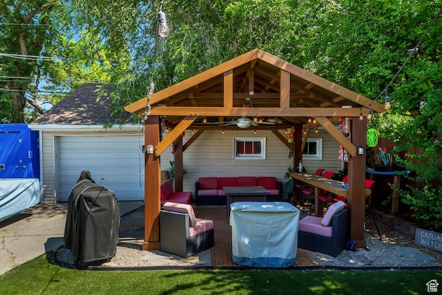 763 E Spring View Dr, Millcreek, UT 84106 - view of patio / terrace featuring an outdoor living space, a gazebo, grilling area, a garage, and driveway