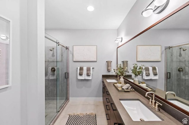 5877 N Canyon Rim Rd Unit 623, Lehi, UT 84043 - bathroom featuring double vanity, a stall shower, baseboards, and recessed lighting