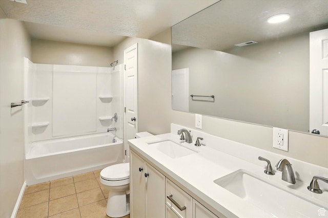 11569 S Oakmond Rd, South Jordan, UT 84009 - bathroom featuring toilet, double vanity, tile patterned flooring, baseboards, and bathtub / shower combination