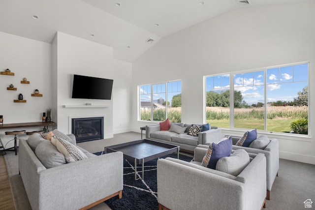 1871 S 1030 W, Orem, UT 84058 - living room with high vaulted ceiling, baseboards, a glass covered fireplace, and healthy amount of natural light