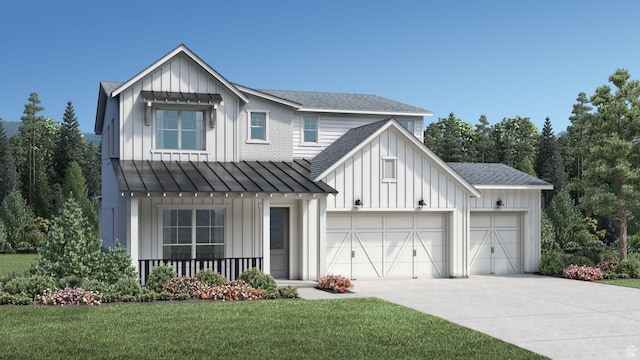 1298 W Sostice Dr Unit 335, Lehi, UT 84043 - modern inspired farmhouse featuring board and batten siding, a porch, concrete driveway, a garage, and a front yard