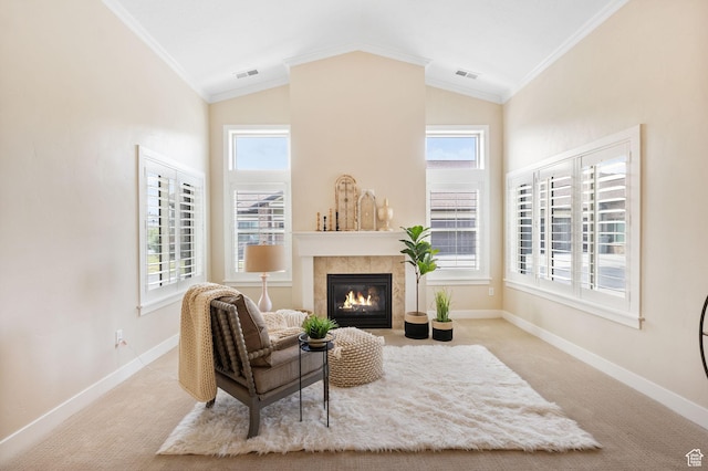 1736 W 300 S Unit D, Mapleton, UT 84664 - sitting room featuring ornamental molding, a tiled fireplace, baseboards, carpet floors, and high vaulted ceiling