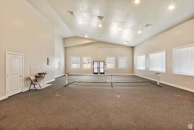 1736 W 300 S Unit D, Mapleton, UT 84664 - unfurnished living room featuring dark carpet, recessed lighting, high vaulted ceiling, and baseboards