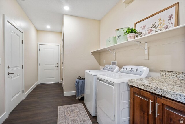 1736 W 300 S Unit D, Mapleton, UT 84664 - washroom featuring baseboards, dark wood-style flooring, washer and clothes dryer, recessed lighting, and cabinet space