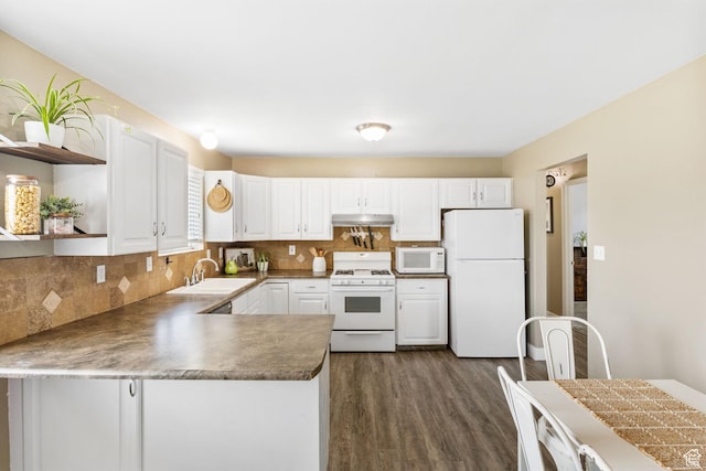 532 S 1500 E, Spanish Fork, UT 84660 - kitchen with white appliances, open shelves, a sink, under cabinet range hood, and dark wood-type flooring