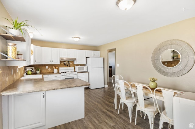 532 S 1500 E, Spanish Fork, UT 84660 - kitchen with white appliances, under cabinet range hood, a sink, a peninsula, and tasteful backsplash