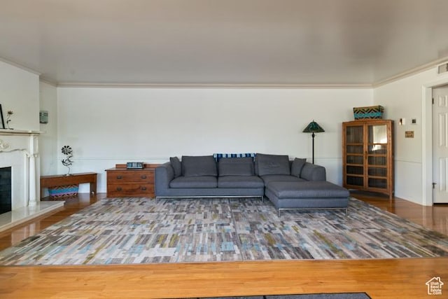 1132 E 2700 S Unit E36, Millcreek, UT 84106 - living area with a glass covered fireplace, ornamental molding, and wood finished floors