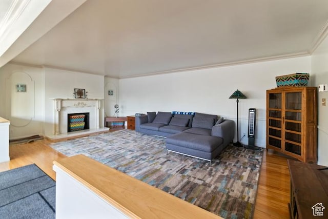 1132 E 2700 S Unit E36, Millcreek, UT 84106 - living area with wood finished floors, a fireplace with raised hearth, and ornamental molding