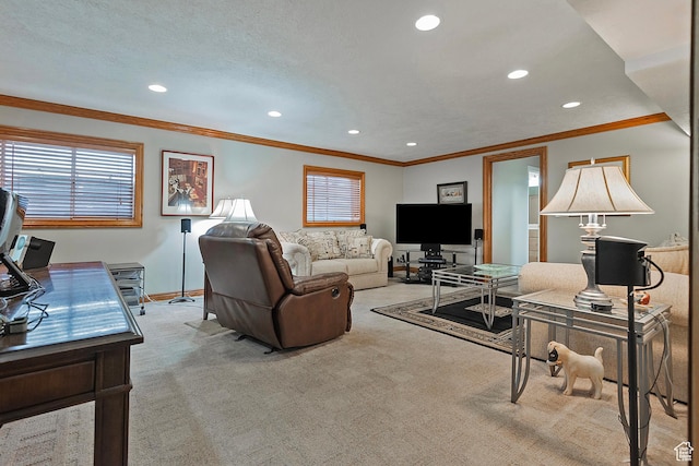 12144 S Mountain Shadow Rd, Sandy, UT 84092 - living room featuring recessed lighting, ornamental molding, baseboards, plenty of natural light, and light colored carpet