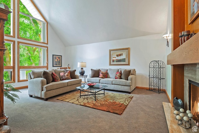 12144 S Mountain Shadow Rd, Sandy, UT 84092 - carpeted living area featuring high vaulted ceiling, a high end fireplace, and baseboards