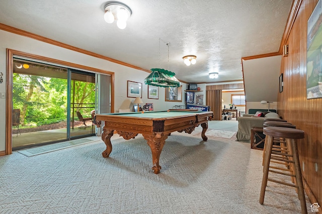 12144 S Mountain Shadow Rd, Sandy, UT 84092 - game room with ornamental molding, carpet flooring, plenty of natural light, a textured ceiling, and pool table