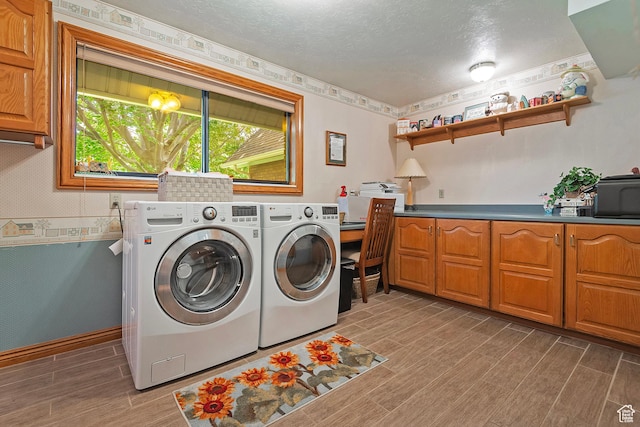 12144 S Mountain Shadow Rd, Sandy, UT 84092 - laundry area featuring cabinet space, wood finished floors, separate washer and dryer, and a textured ceiling