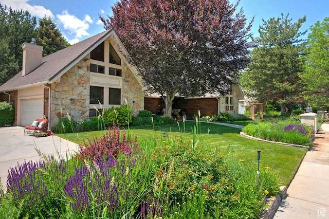 12144 S Mountain Shadow Rd, Sandy, UT 84092 - view of front of house featuring stone siding, a front lawn, a chimney, an attached garage, and driveway