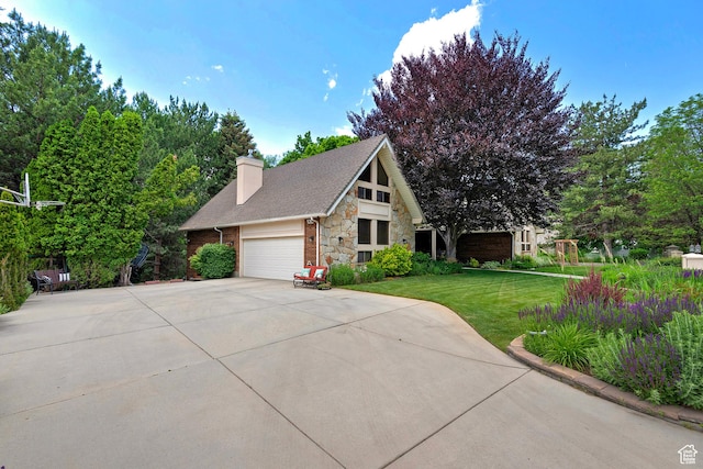 12144 S Mountain Shadow Rd, Sandy, UT 84092 - view of front of house with stone siding, a front yard, a garage, concrete driveway, and a chimney