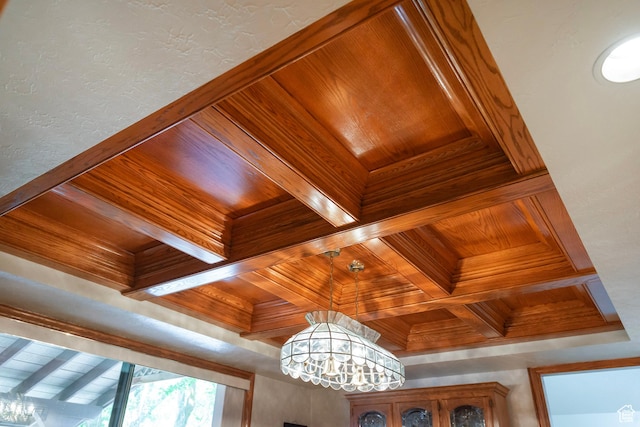 12144 S Mountain Shadow Rd, Sandy, UT 84092 - detailed view of coffered ceiling, wood ceiling with exposed beams, and a chandelier