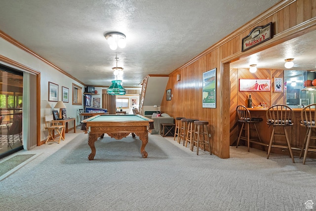 12144 S Mountain Shadow Rd, Sandy, UT 84092 - rec room featuring a bar, crown molding, billiards, a textured ceiling, and carpet floors