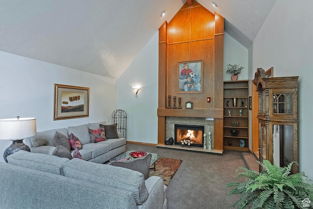 12144 S Mountain Shadow Rd, Sandy, UT 84092 - living room featuring vaulted ceiling, carpet, and a warm lit fireplace