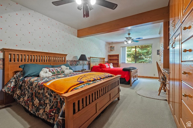 12144 S Mountain Shadow Rd, Sandy, UT 84092 - carpeted bedroom with wallpapered walls, baseboards, beamed ceiling, and a ceiling fan